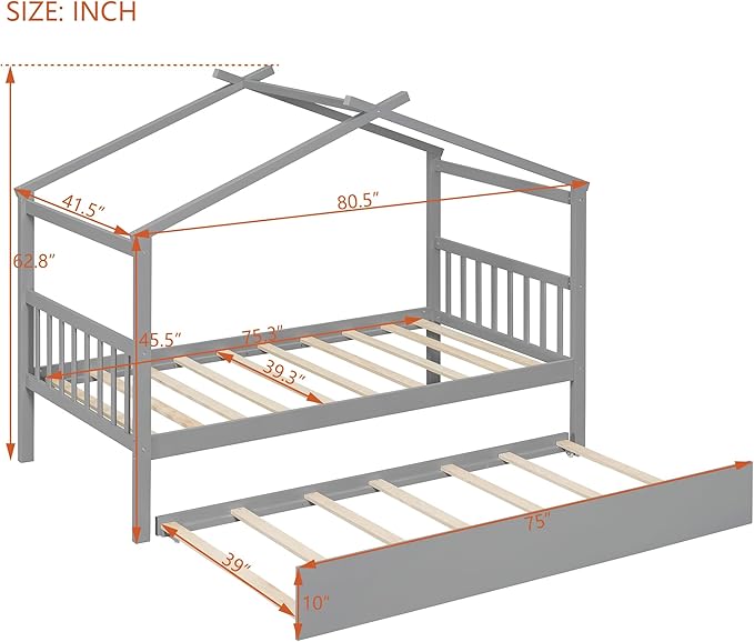 Harper & Bright Designs Twin House Bed for Kids, Wood Platform Bed with Trundle, Montessori Bed with Roof, Playhouse Trundle Beds for Kids,Teens, Bedroom, Gray