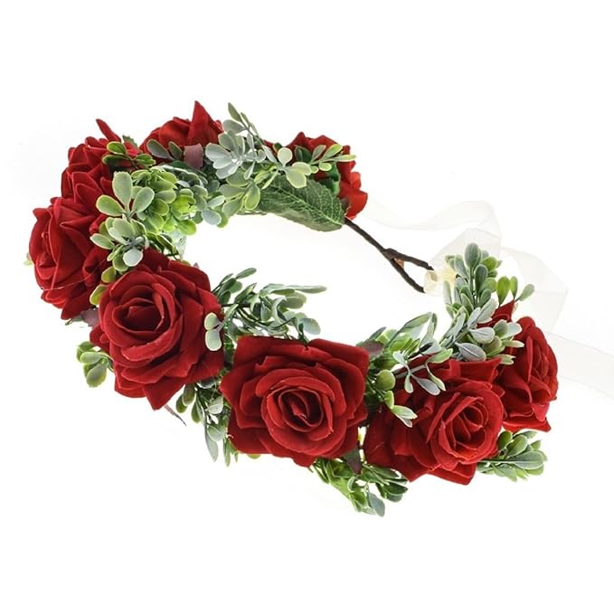 Vividsun Women Flower Crown Floral Headpiece Festival Wedding Hair Wreath Floral Crown (Red)