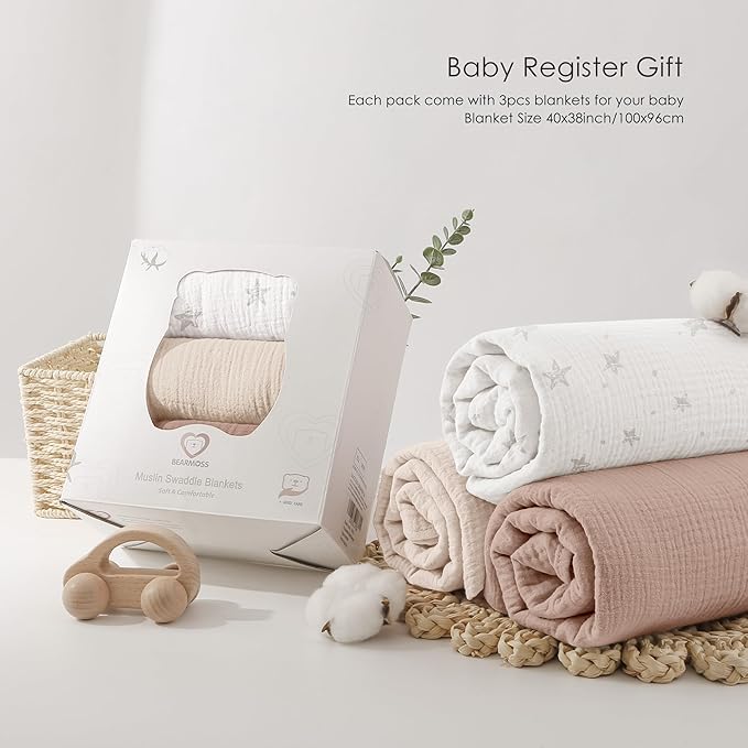 Bearmoss Muslin Swaddle Blankets, 40 x 38 inches Baby Swaddle for Boys and Girls, Soft Baby Blanket, 3 Pack Breathable Nursery Receiving Blankets (Beige Star)