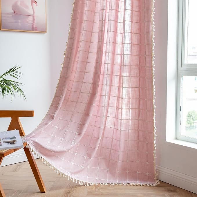 Deeprove Pink Boho Curtains 84 Inches Long for Girl's Bedroom Nursery Room, Cotton Linen Plaids Embroidery Semi Blackout Bohemian Window Treatment Grids Drape Tassels, 1 Panel W52 x L84
