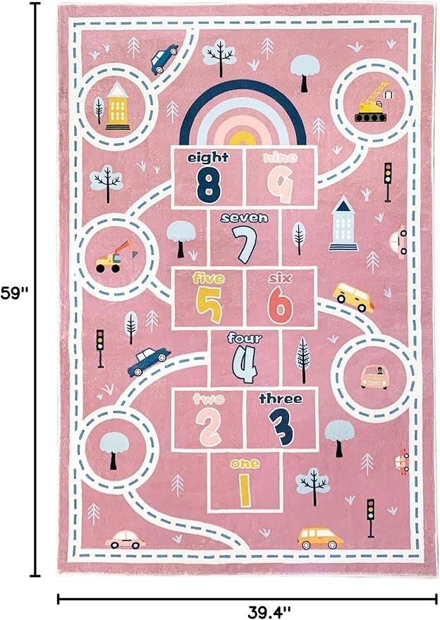 Kids Rug Carpet Hopscotch Play Mat 3x5Ft Pink Car Road Area Rug for Kids Girls Boys Bedroom Playroom Nursery, Nonslip Numbers Educational Children Throw Rug, Indoor Decor, Pink