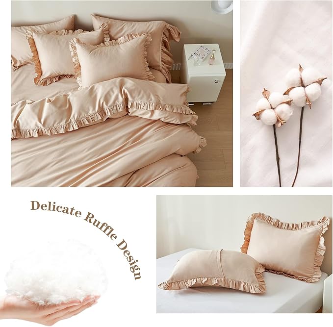 Simple&Opulence Kids 100% Organic Cotton Twin Duvet Cover Ruffle 2Pcs(1 Comforter Cover 1 Pillowcase) Cute Lace Vintage Boho Shabby Chic Farmhouse Bedding Set Teen Girls(Sand, Twin)