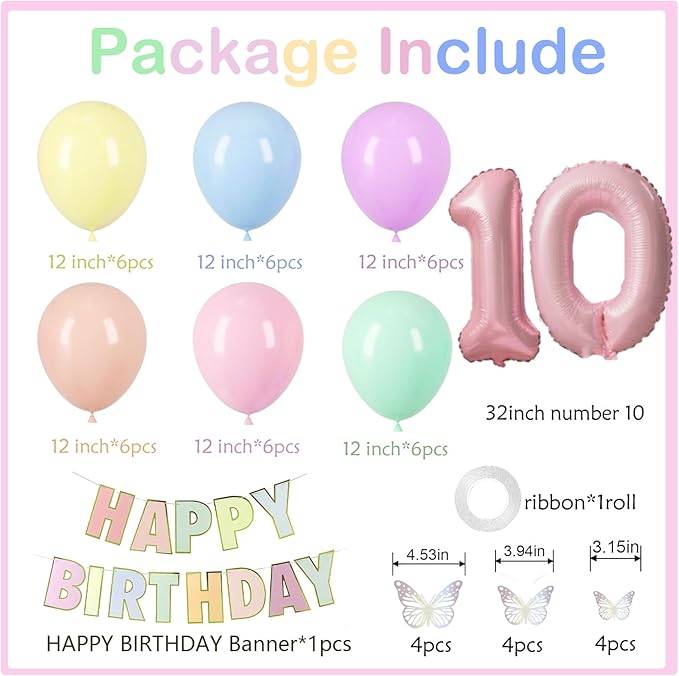 10th Birthday Decorations for Girl-12 inch Pastel Balloons, 32 Inch Pink 10 Balloon, 3D Butterflies Stickers, Happy Birthday Banner For Girl 10 Years Old BD Party Decorations