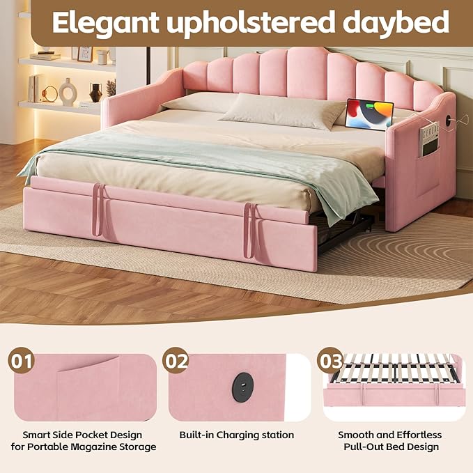 SOFTSEA Twin Velvet Daybed with Pop Up Trundle, Upholstered Extendable Corner Bed with USB Ports & Storage Pockets, Twin to King Daybed Frame with Storage for Kids Teens Adults, Pink