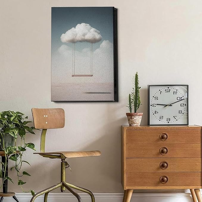 Clouds Wall Art Modern Abstract Prints Modern Clouds Art White Cloud Poster Swing Painting Nature Landscape Prints Cloud Swing Wall Art Blue Sky Poster Minimalism Abstract Picture 16x24inch Framed