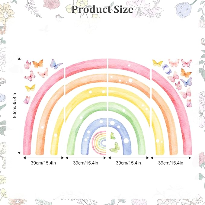 H34.6 Large Rainbow Wall Decals, Watercolor Wall Stickers Peel and Stick Mural for Girls Boys Nursery Kids Room Home Decor