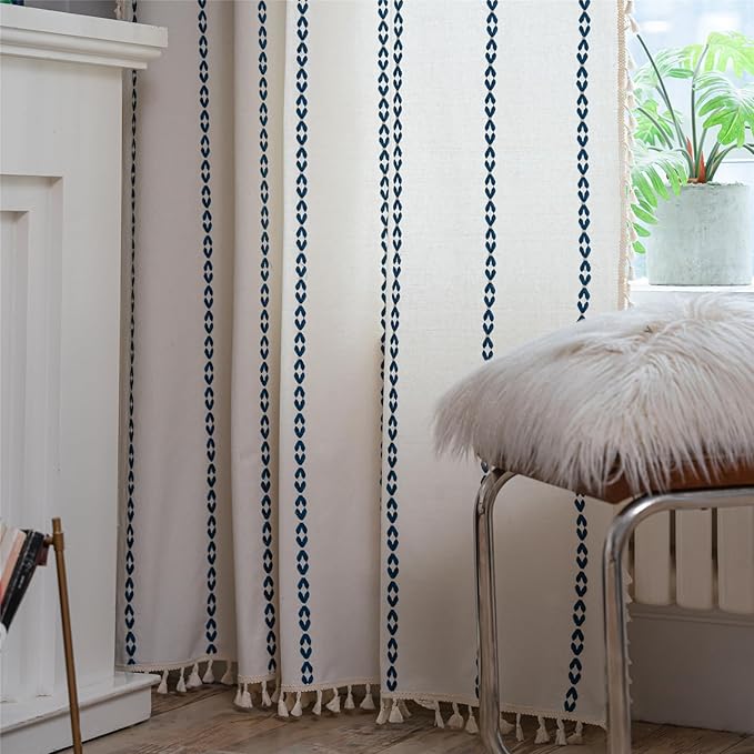 Deeprove Navy Blue Boho Curtains 96 inches Long for Bedroom, Vintage Privacy Bohemian Embroidery Light Filter Cotton Linen Stripes French Country Tassel Window Treatments Decor, W52 x L96, 1 Panel