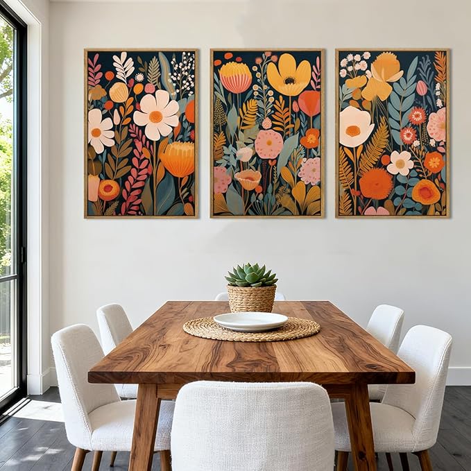 IARTTOP Large Floral Framed Canvas Wall Art 16x24 Inch Orange Abstract Blossom Flowers Wall Decor Set of 3 Mid-century Modern Boho Botanical Art Prints for Living Room Bedroom Office