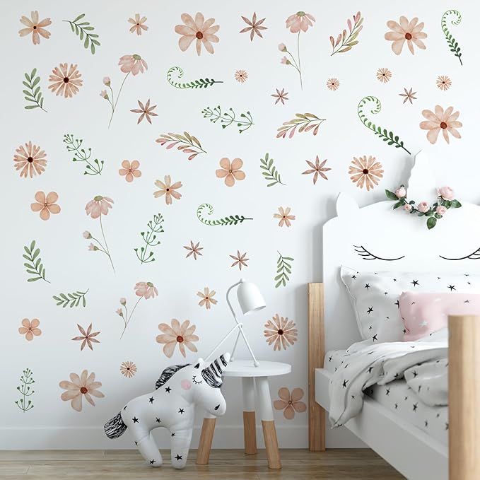 Boho Floral Wall Decals Watercolor Daisy Flower Wall Stickers Colorful Peel and Stick Botanical Decor for Nursery Girls Baby Room (11.81inch x 7.87inch, 6 Sheets)
