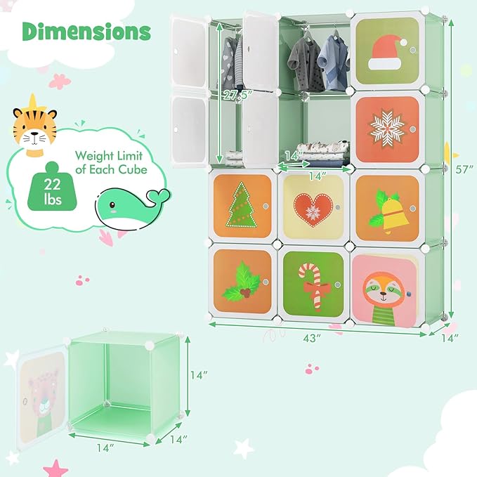 HONEY JOY Kids Wardrobe Closet, Baby Cartoon Clothes Storage Organizer, 12 Cubes & 2 Hanging Sections, Portable Children DIY Modular Bedroom Armoire Dresser Cabinet for Boys Girls (Green)