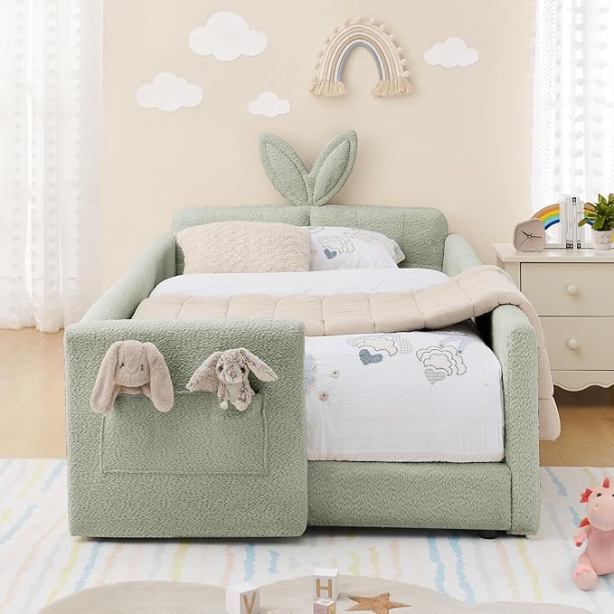 Twin Size Kids Bed with Rabbit Ear Headboard, Upholstered Boucle Fabric Twin Daybed with Slats Support & Side Pockets, Space-Saving Wooden Corner Sofa Couch Bed Frame, for Girls, Boys, Teenager(Green)