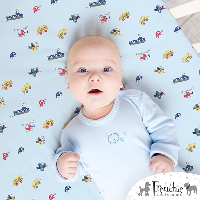 Frenchie Mini Couture, Fitted Crib Sheet Single, 100% Woven Cotton, Toddler Fitted Sheet, Fits Standard Size Baby Mattress 28 x 52 x 8in, Cars, Boats, & Planes (Light Blue)