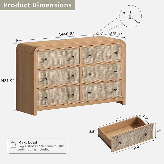 Oak&Sparrow 6 Drawer Dresser for Bedroom, 49'' Rattan Dresser with Ample Storage, Boho Chest of Drawers, Thickened Curved Profile Design, Oak Dressers for Bedroom, Living Room