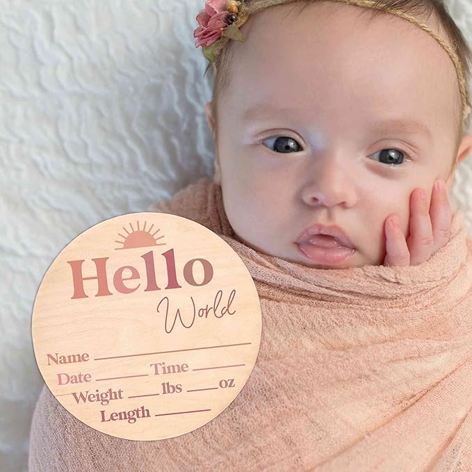 Hello World Newborn Sign - Baby Name Birth Announcement Plaque for Hospital - Photo Prop - Nursery Decor - Shower Gift