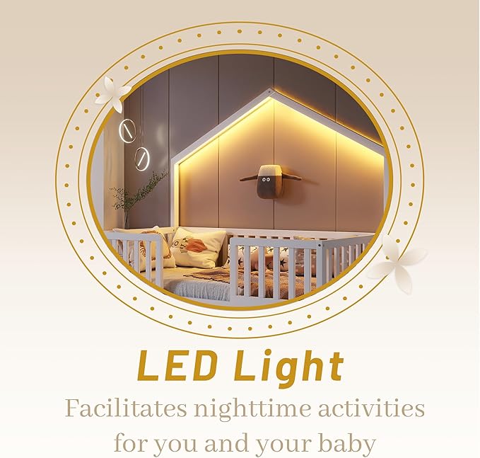 Twin Size House Bed for Kids, Low Profile Montessori Bed Twin with High Railings, Wood House Shape Montessori Beds with Light & Roof for Kids, White