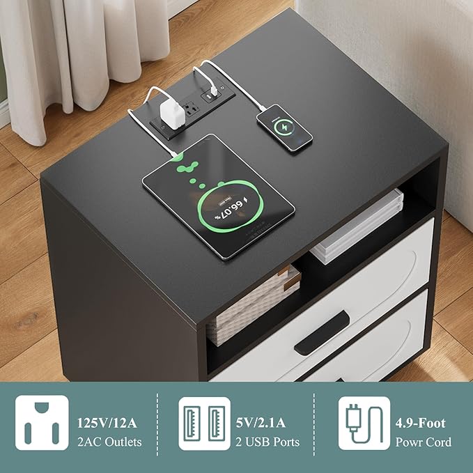 Nightstands Set of 2 with Charging Station, 25.8" Tall Wide Bedside Table with 2 Storage Drawers & Open Shelf, Mid Century Modern Wood End Table for Bedroom, Living Room, Black/White