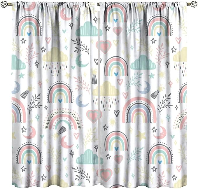 Boho Rainbow Curtains for Kids Nursery Colorful Floral Sun Star Clouds Pastel Bohemian Pattern Print Window Drapes for Girl Bedroom Living Room Kitchen Decor,2 Panel Set,42Wx45H Inch Decor