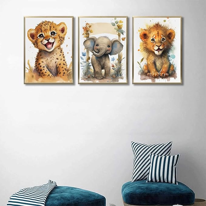 3Pcs Baby Safari Animal Wall Art Jungle Watercolor Animal Wall Decor Picture Painting Nursery Poster Prints Artwork for Boy Girl Room Home Decoration Unframed 12x16 In