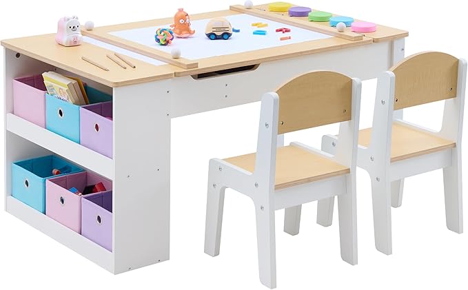 Kids Art Table and Art Easel Table & 2 Chair Set, 2 in 1 Toddler Craft and Play Wood Activity Table with Storage Bins and Paper Roll (Natural & White)