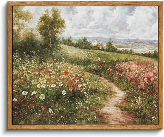 OIQArtOIQ Vintage Landscape Framed Wall Art Summer Countryside Wildflower Field Path Canvas Art Prints Farmhouse Cottagecore Pictures Wall Decor Rustic Meadow Paintings Artwork For Kitchen Bedroom