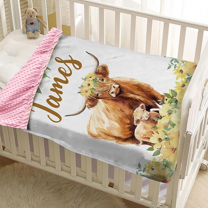 Personalized Baby Blankets for Girls, Custom Name Yellow Flower Highland Cow Theme Baby Blanket, Soft Receiving Blanket for Newborns and Toddlers, Ideal for Baby Showers and Nursery Decor