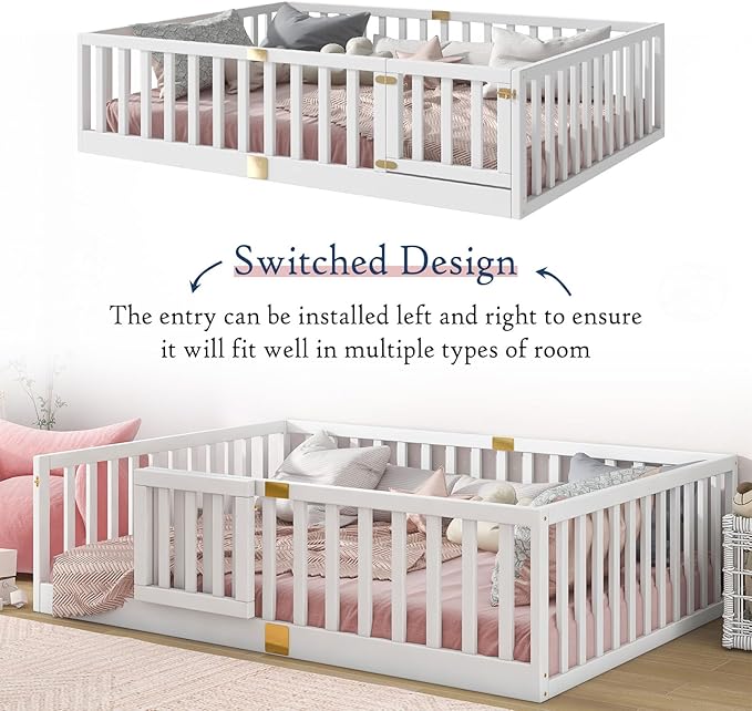Tatub Full Montessori Floor Bed with High Rails, Solid Wood Montessori Bed Frame for Kids, Door Can Install Left and Right, Full-White