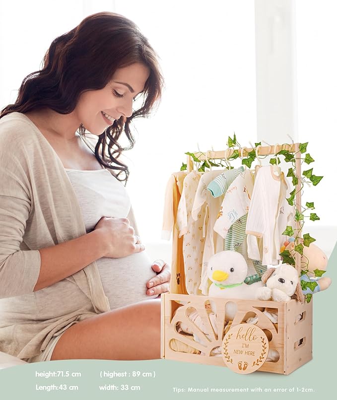 Wooden Baby Shower Crate Closet-Baby Shower Basket with Handle Hanger Rack String Lights Welcome Gift Basket Wooden Crate for Baby Shower Newborn Boys Girls Pregnancy Gifts for New Parents X-Large
