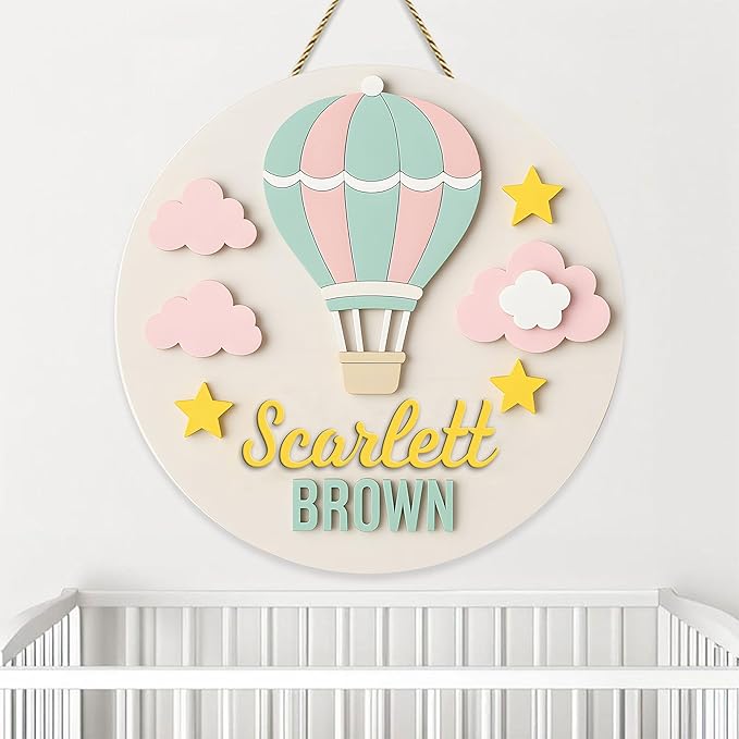 Personalized Wooden Name Sign Baby Decor – Custom Hot Air Balloon Wooden Plaque with Pastel Colors, Nursery Wall Hanging Name Sign for Baby Boys or Girls