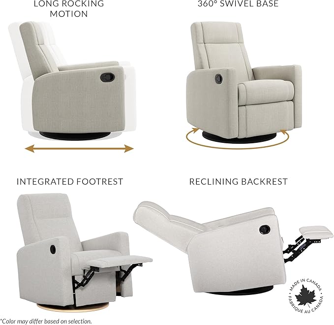 Jaymar Nelly Modern Nursery Glider Recliner Chair – Cozy Nursing Chair with 360° Swivel for New Parents, Gentle Motion, Compact Design, Lumbar Support – Made in Canada (Charcoal/Nexus Fabric)