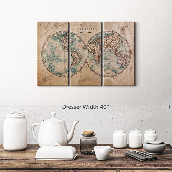 ElephantStock Hemisphere Map Wall Art Multi Piece Canvas - 3 Piece Canvas World Map Wall Decor - Wall Decor Print - Vintage Wall Art - 23" X 14"
