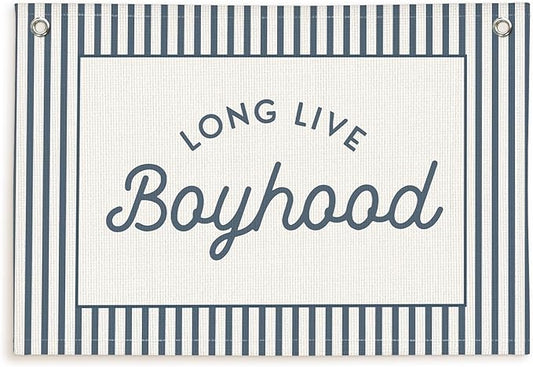 Lacama Vintage Blue Long Live Boyhood Boys Room Decor, Boy Nursery Decor, Linen Banner Wall Hanging Canvas Banner Flag Decor for Toddler Boy Room Nursery 30x20 Inch