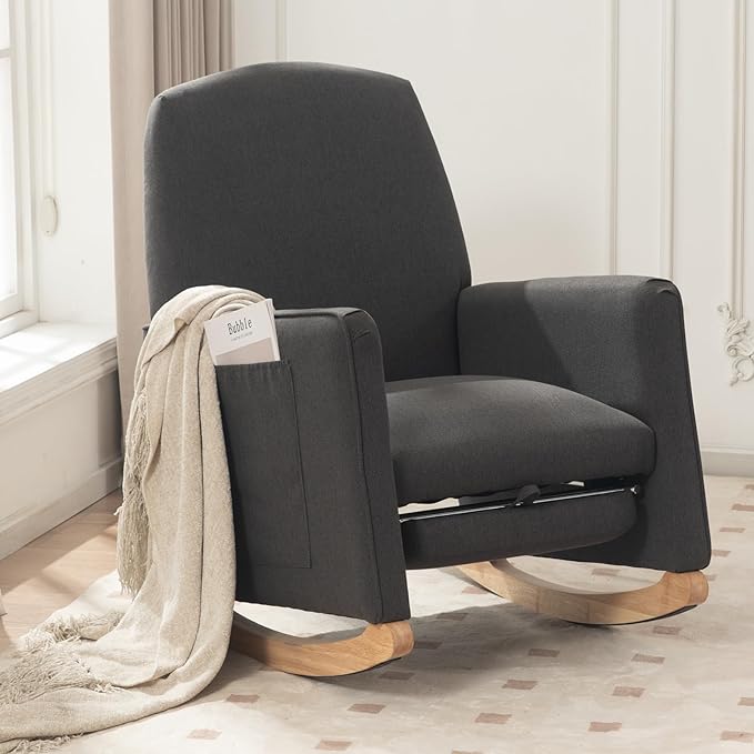 FOXHUNTER Rocking Chair Nursery with Adjustable Footrest and High Backrest, Upholstered Glider Chairs with Side Pockets for Nursery, Rocker Armchair Indoor for Living Room, Dark Gray
