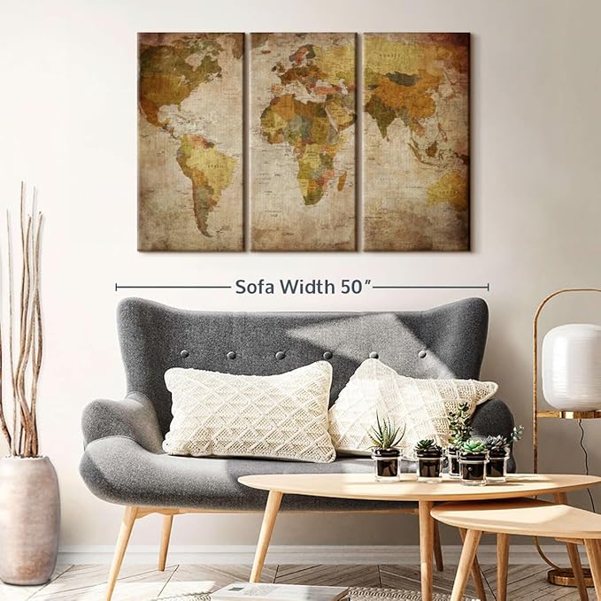 ElephantStock World Map Multi Piece Canvas - 3 Piece Canvas World Map Wall Decor - Wall Decor - Ready-to-Hang Print - Vintage Wall Art - 45" X 28"
