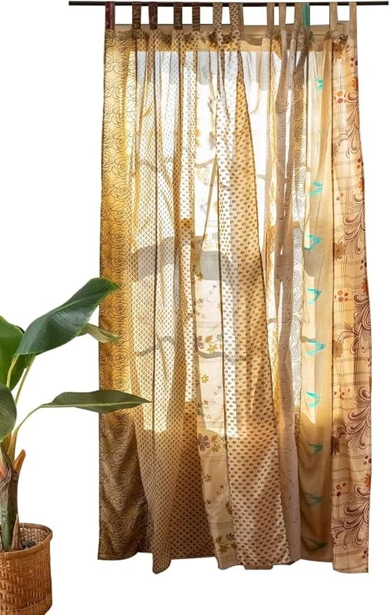 YILLE Boho Silk Sari Curtain Panel,1 Piece Vintage Handmade Lightweight Recycled Indian Silk Saree Window Drapes for Bohemian Living Room, Aesthetic Home Décor Wall Hanging - Beige, 84 X 43 in