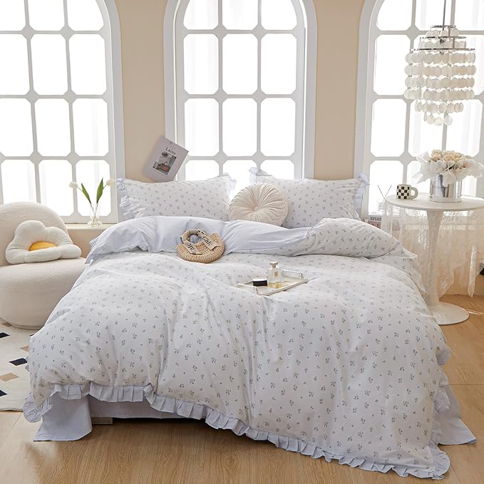 LifeTB Ruffle Duvet Cover Chic Floral Lace Duvet Cover Twin Cute Blue Flower Comforter Cover Girls Princess Lace Bedding Cover Botanical Floral Comforter Cover Ruffle Cottagecore Bedding Set Twin