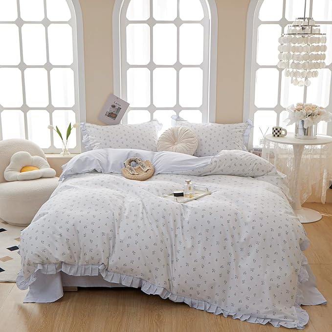 White Duvet Cover Floral Lace Duvet Cover King Cute Blue Flower Green Leaves Print Ruffle Comforter Cover Vintage Princess Lace Bedding Set Botanical Floral Comforter Cover Cottagecore Bedding Set