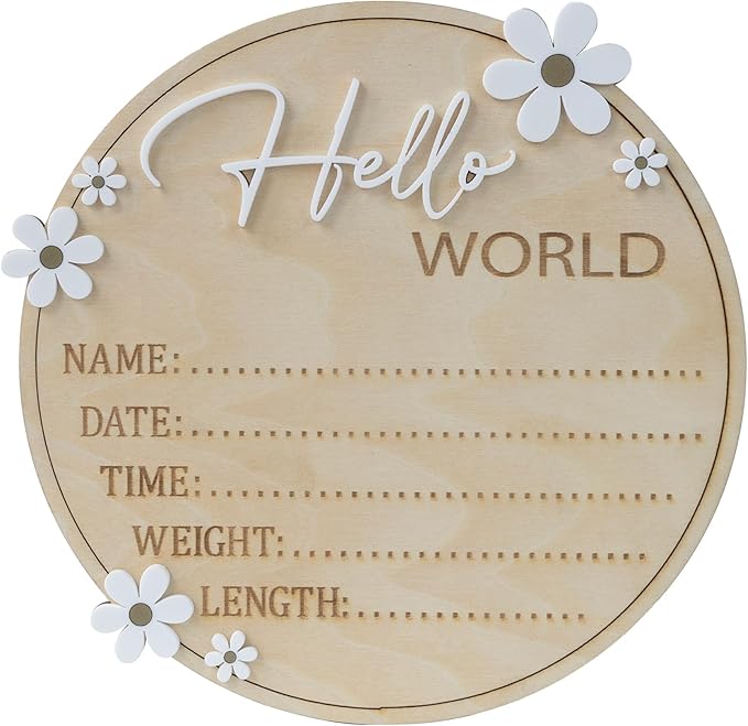 Baby Announcement Sign 6.5 Inch Wooden Hello World Newborn Welcome Sign Birth Name Plaques for Photo Props Shower Hospital Nursery (Daisy)