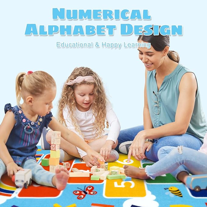 STARUIA Washable Hopscotch Kids Rug for Playroom, Colorful Educational Classroom Rugs with ABC Number, Non Slip Kids Play Rug Game Carpet for Bedroom Nursery Boy Girl （Blue, 31.5''x72''）