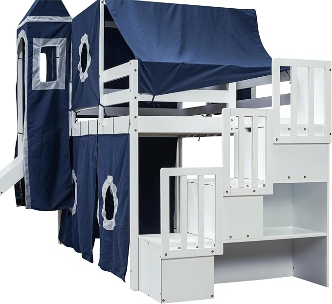 Playhouse Twin Size Low Loft Bed with Slide & Tent and Tower, Solid Wood Tent Bed Frame with Storage Staircase for Kids Teens Boys Girls, Versatile Spacious Under Bed Space with Curtains (Blue-TST)
