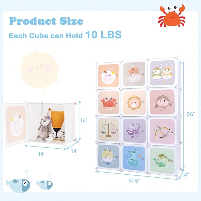 INFANS Children Wardrobe, Kid Closet Portable Baby Dresser Cute for Kids Bedroom Nursery Armoire with Doors 12 Cube 2 Hanging Sections, Kid Clothes Storage Organizer