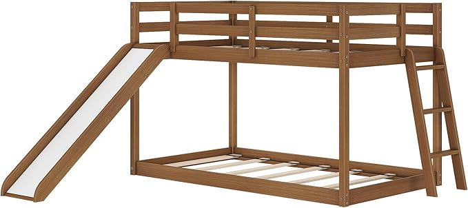 Grain & Grove Bear Twin Over Twin Bunk Bed with Slide, Low Bunk Bed Frame for Kids, Bunk with Ladder, Guardrail, and Slats, No Box Spring Required, Oak Embossed Pecan