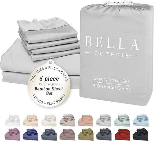 Bella Coterie 6 Piece Luxury Bamboo Viscose California King Size Sheet Set | 100% Organically Grown | Cooling for Hot Sleepers | 18" Deep Pocket | Soft & Hypoallergenic | 4 Pillowcases [Grey Mist]