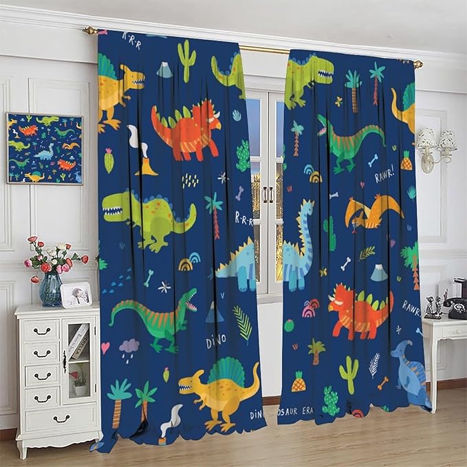 Funny Dinosaur Blackout Curtains Colorful Cartoon Animals Dino Tropical Plant Art Print for Kids Boys Bedroom Living Room Rod Pocket Decoration Window Drapes 2 Panels W26xL84in