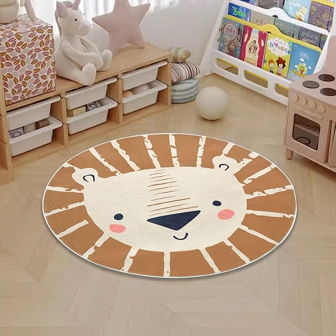 ABREEZE Kids Play Rug 2.6ft, Lion Round Area Rug, Nursery Door Mat, Soft Plush Non-Slip Children's Carpet for Bedroom, Living Room, Playroom