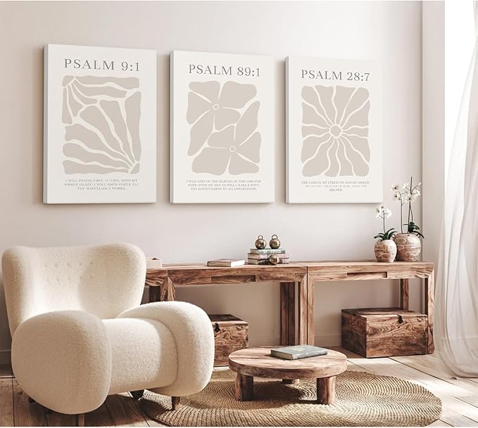 Scripture Christian Wall Art Set of 3 Beige Bible Verses Wall Decor Neutral Psalm Canvas Wall Art Modern Pictures Flower Prints Christian Artwork for Living Room Bedroom 24x36 Inch Ready to Hang