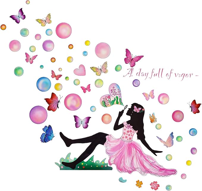 Fairy Girl Blowing Bubble Wall Decal with Colorful Flying Butterfly and Flower Wall Sticker 42.5x37.4inch Removable Self-adhsive Vinyl Wallpaper for Kids Bedroom Nursery Home Decors