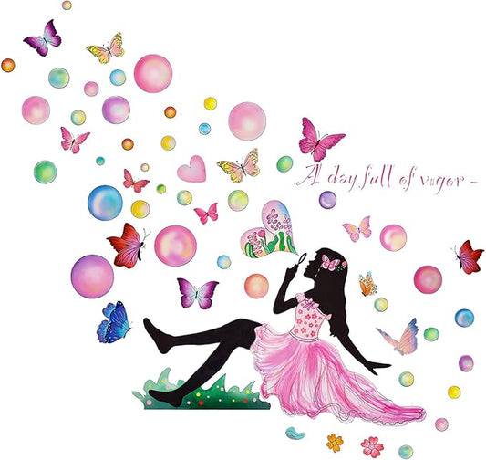 Fairy Girl Blowing Bubble Wall Decal with Colorful Flying Butterfly and Flower Wall Sticker 42.5x37.4inch Removable Self-adhsive Vinyl Wallpaper for Kids Bedroom Nursery Home Decors