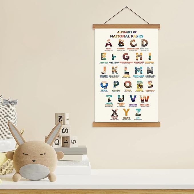 KAIRNE National Parks ABC Poster,Nature Scenery Alphabet Canvas Wall Art Print,Travel Themed Wall Decor with Wood Magnetic Poster Hanging Frame(15.7X25inch)Alphabet of National Parks for Traveler Room Decor