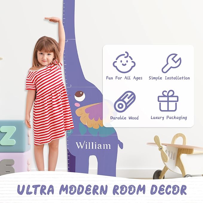 Personalized Name Growth Chart for Kids, Elephant Patchwork Wooden Height Chart for Wall Decor, Baby Boy Girl Measurement Ruler for Room 63" x 15.7"