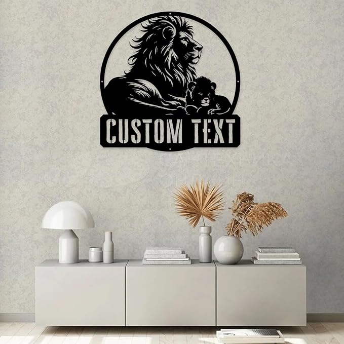 Lion and Cub Home Decor, Metal Name Signs Personalized, Black Wall Art for Living Room/Bedroom, Personalized Birthday/Housewarming Gift for Dad, Father’s Day Gift